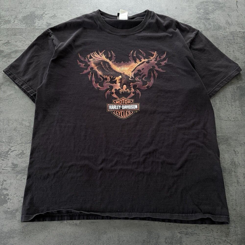 Y2K Harley-Davidson Florida Flame Eagle Graphic T-Shirt Faded Black Grunge XL